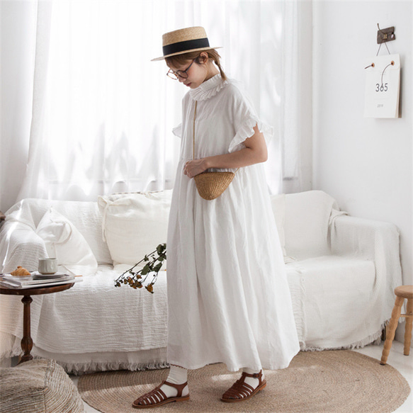 白色 亞麻復古法式圍領洋装連衣裙 日系花邊袖可愛長裙 兩面穿 第14張的照片