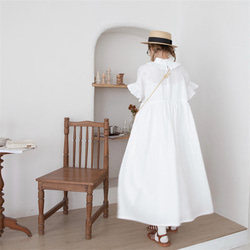 白色 亞麻復古法式圍領洋装連衣裙 日系花邊袖可愛長裙 兩面穿 第13張的照片