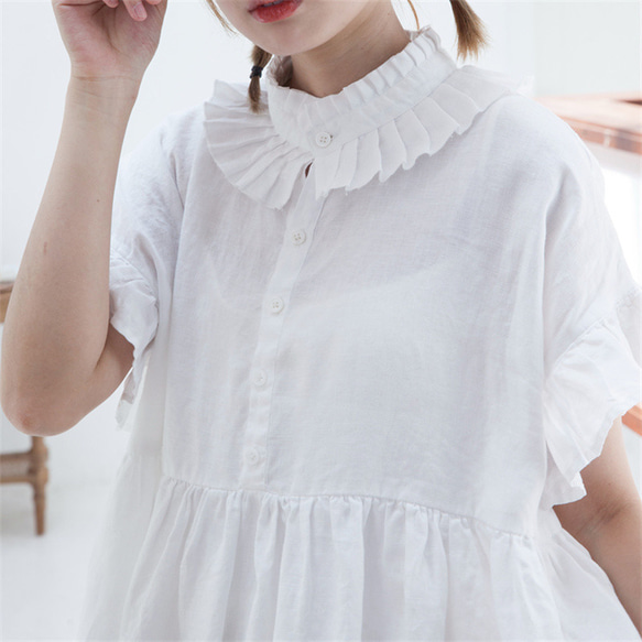 白色 亞麻復古法式圍領洋装連衣裙 日系花邊袖可愛長裙 兩面穿 第7張的照片