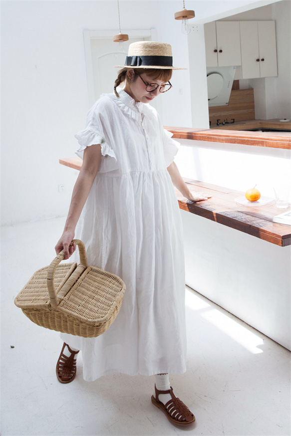 白色 亞麻復古法式圍領洋装連衣裙 日系花邊袖可愛長裙 兩面穿 第6張的照片