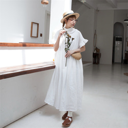 白色 亞麻復古法式圍領洋装連衣裙 日系花邊袖可愛長裙 兩面穿 第15張的照片