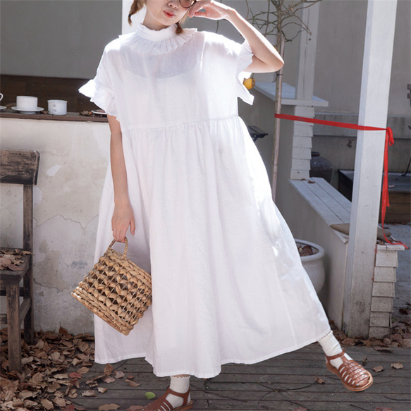 白色 亞麻復古法式圍領洋装連衣裙 日系花邊袖可愛長裙 兩面穿 第10張的照片