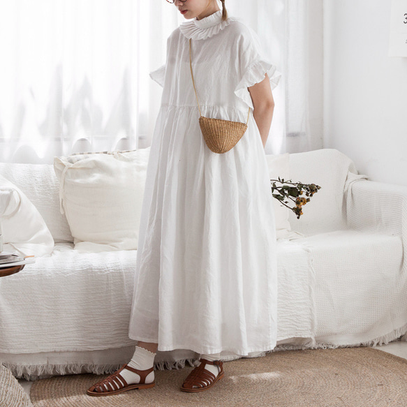 白色 亞麻復古法式圍領洋装連衣裙 日系花邊袖可愛長裙 兩面穿 第1張的照片