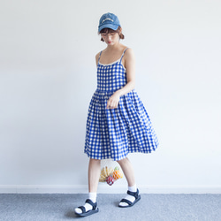 ブルー/レッド/ブラックコットンチェック柄ドレス日本の女の子ルーズサスペンダードレスショートスカートインナースカート 5枚目の画像