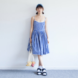 ブルー/レッド/ブラックコットンチェック柄ドレス日本の女の子ルーズサスペンダードレスショートスカートインナースカート 4枚目の画像