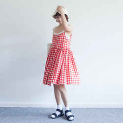 ブルー/レッド/ブラックコットンチェック柄ドレス日本の女の子ルーズサスペンダードレスショートスカートインナースカート 7枚目の画像