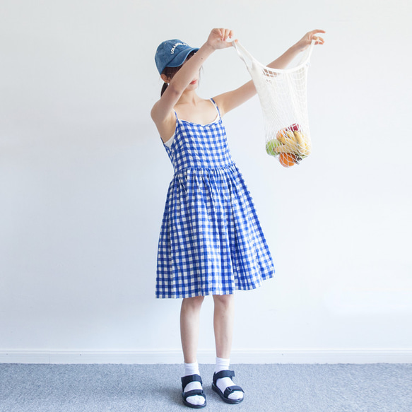 ブルー/レッド/ブラックコットンチェック柄ドレス日本の女の子ルーズサスペンダードレスショートスカートインナースカート 3枚目の画像