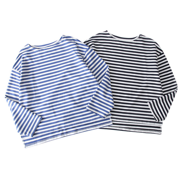 海軍藍/淺藍色 圓領純棉條紋長袖T恤 寬松套頭內搭衫 經典法式海魂衫 第3張的照片