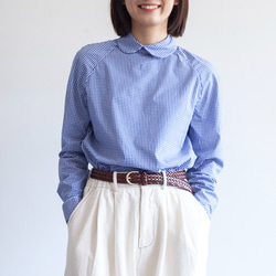 ブルーチェック柄日本のレトロなラグランドールカラーシャツ青と白のチェック柄コットンシャツ 1枚目の画像