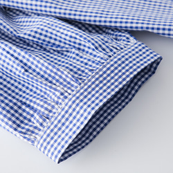 藍色格紋 法式小格子 復古蓬蓬袖 襯衫 寬松 立領全棉上衣 第12張的照片