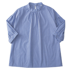 藍色格紋 法式小格子 復古蓬蓬袖 襯衫 寬松 立領全棉上衣 第15張的照片