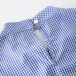 藍色格紋 法式小格子 復古蓬蓬袖 襯衫 寬松 立領全棉上衣 第11張的照片