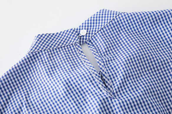 藍色格紋 法式小格子 復古蓬蓬袖 襯衫 寬松 立領全棉上衣 第11張的照片