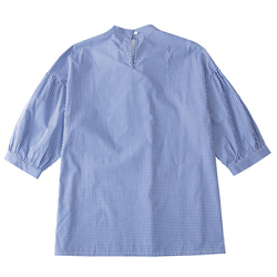 藍色格紋 法式小格子 復古蓬蓬袖 襯衫 寬松 立領全棉上衣 第14張的照片