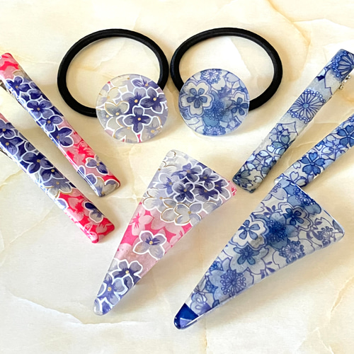 友禅和紙×レジン】和柄のヘアアクセサリーセット 紫陽花 バレッタ 和息