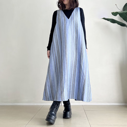 VカットAラインジャンパースカート♪ linen Blue Stripe 5枚目の画像