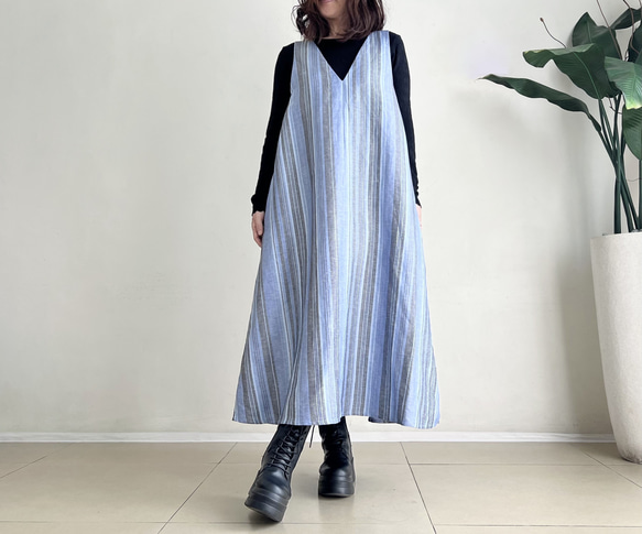 VカットAラインジャンパースカート♪ linen Blue Stripe 5枚目の画像