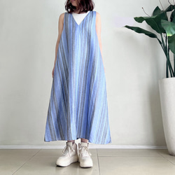 VカットAラインジャンパースカート♪ linen Blue Stripe 2枚目の画像