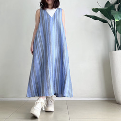 VカットAラインジャンパースカート♪ linen Blue Stripe 4枚目の画像