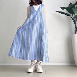 VカットAラインジャンパースカート♪ linen Blue Stripe 3枚目の画像