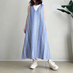 VカットAラインジャンパースカート♪ linen Blue Stripe 1枚目の画像