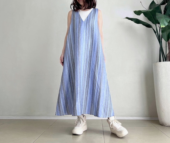 VカットAラインジャンパースカート♪ linen Blue Stripe 1枚目の画像