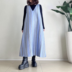 VカットAラインジャンパースカート♪ linen Blue Stripe 6枚目の画像