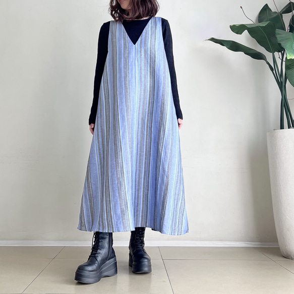 VカットAラインジャンパースカート♪ linen Blue Stripe 6枚目の画像