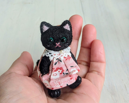 再販 羊毛フェルトの猫人形(黒猫)テディベア風首手足可動 羊毛フェルト
