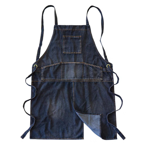 グレー 洗い デニム バックストラップ ロングエプロン レディース