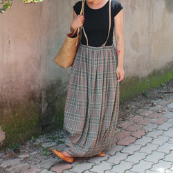光滑夏季材質◉ 2way縐紗長裙 苔蘚綠格紋 第3張的照片