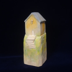 木彫刻 アート『 青い屋根の教会 』 十字架　キリスト教 芸術 アート ハンドメイド 松 手彫り 彫刻 1枚目の画像