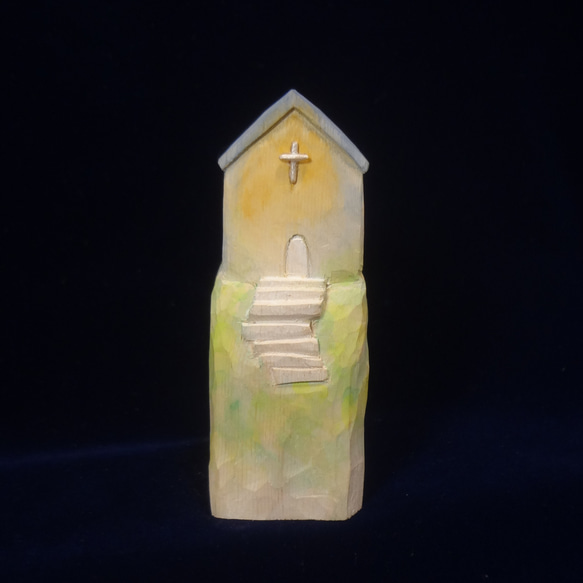 木彫刻 アート『 青い屋根の教会 』 十字架　キリスト教 芸術 アート ハンドメイド 松 手彫り 彫刻 2枚目の画像