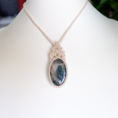 モスアゲート　マクラメ編みネックレス他1点同梱 アフリカ産 モスアゲートのマクラメ編みペンダントネックレス