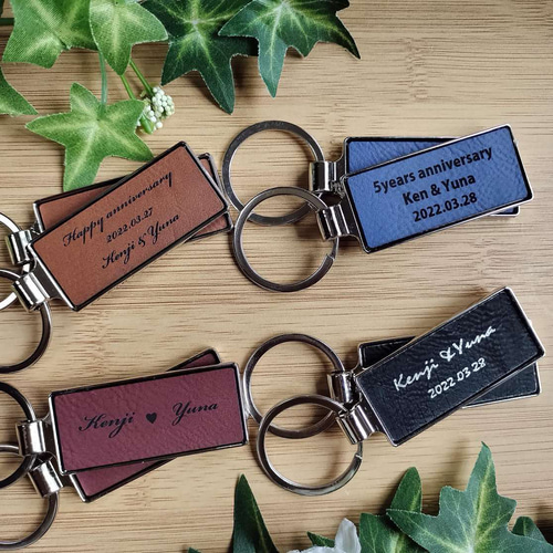 名入れ ペア メタルフレームキーホルダー レザー お揃い 2個セット