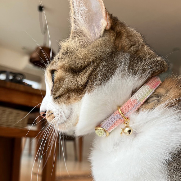 チョコミント&コットンキャンディ　猫さんにやさしい首輪【かぎ針編み　猫の首輪　猫　首輪　セーフティバックル　軽い】 14枚目の画像