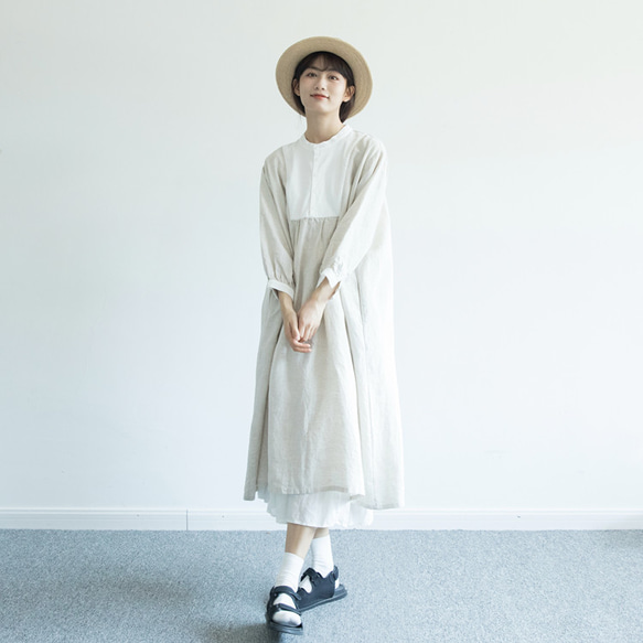 米白色 雨露亞麻 復古法式洋裝 罩裙 日系森系連衣裙 第14張的照片