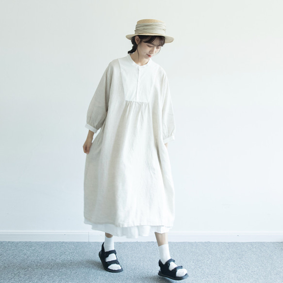 米白色 雨露亞麻 復古法式洋裝 罩裙 日系森系連衣裙 第16張的照片