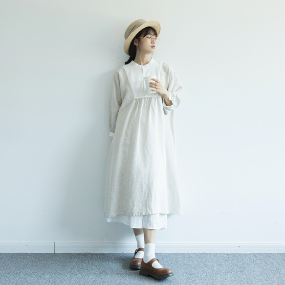 米白色 雨露亞麻 復古法式洋裝 罩裙 日系森系連衣裙 第8張的照片