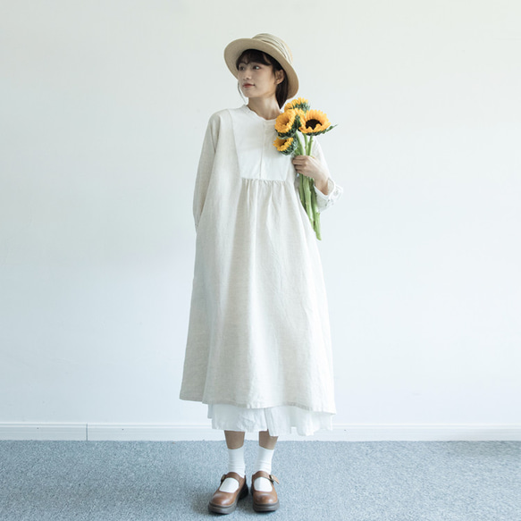 米白色 雨露亞麻 復古法式洋裝 罩裙 日系森系連衣裙 第9張的照片