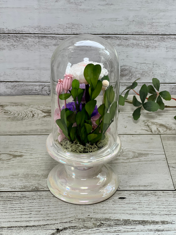 可愛いプリザーブドフラワー の供花 仏花 クリアドーム ボトルフラワー ホワイト　ピンク 7枚目の画像