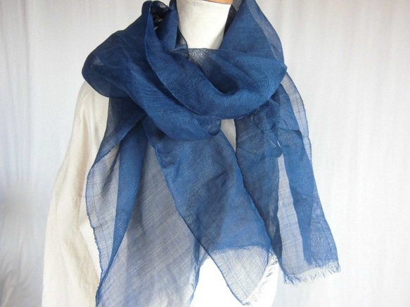 麻ストール　藍染　藍　小千谷縮 1枚目の画像