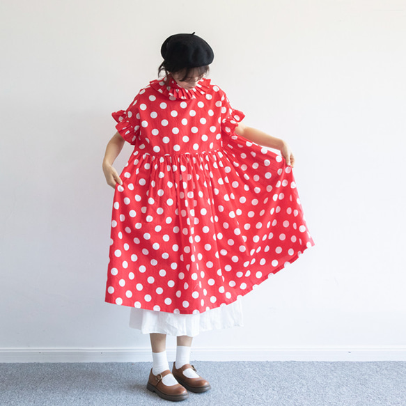 紅色 復古紅白波點 法式圍領木耳邊洋裝  寬松森系連衣裙罩裙 第10張的照片