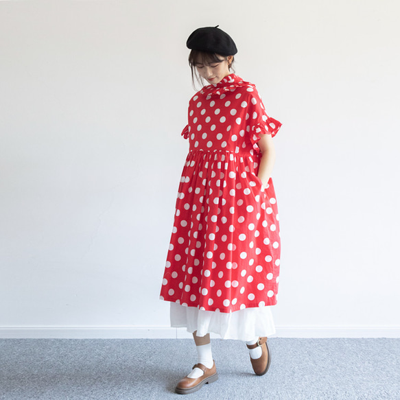 紅色 復古紅白波點 法式圍領木耳邊洋裝  寬松森系連衣裙罩裙 第11張的照片