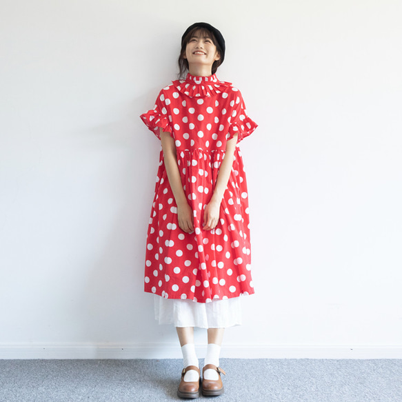 紅色 復古紅白波點 法式圍領木耳邊洋裝  寬松森系連衣裙罩裙 第8張的照片