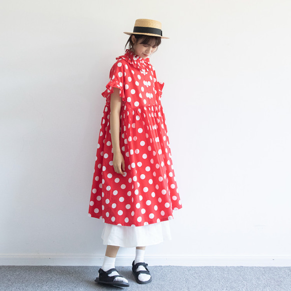 紅色 復古紅白波點 法式圍領木耳邊洋裝  寬松森系連衣裙罩裙 第6張的照片