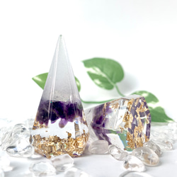 【送料無料】アメジスト　水晶　インテリア盛り塩　2個セット　六芒星　仏陀　六角錐 やく除け 2枚目の画像