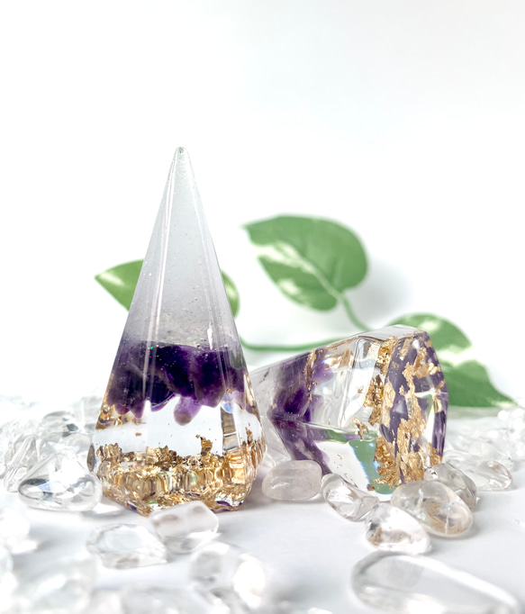 【送料無料】アメジスト　水晶　インテリア盛り塩　2個セット　六芒星　仏陀　六角錐 やく除け 2枚目の画像