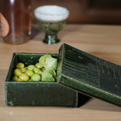 □織部市松模様 蓋物□f55（1） 和食器 陶芸 美濃焼 織部焼き お正月