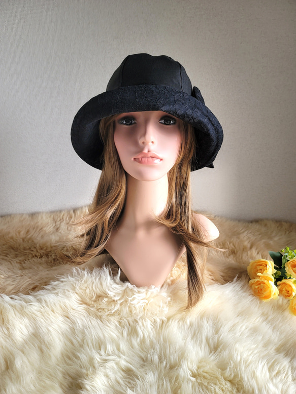 フィット hat×リボン★約60㎝★ブラックcotton 3枚目の画像